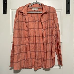 Pink black and white stripped long sleeve medium button down loft shirt.